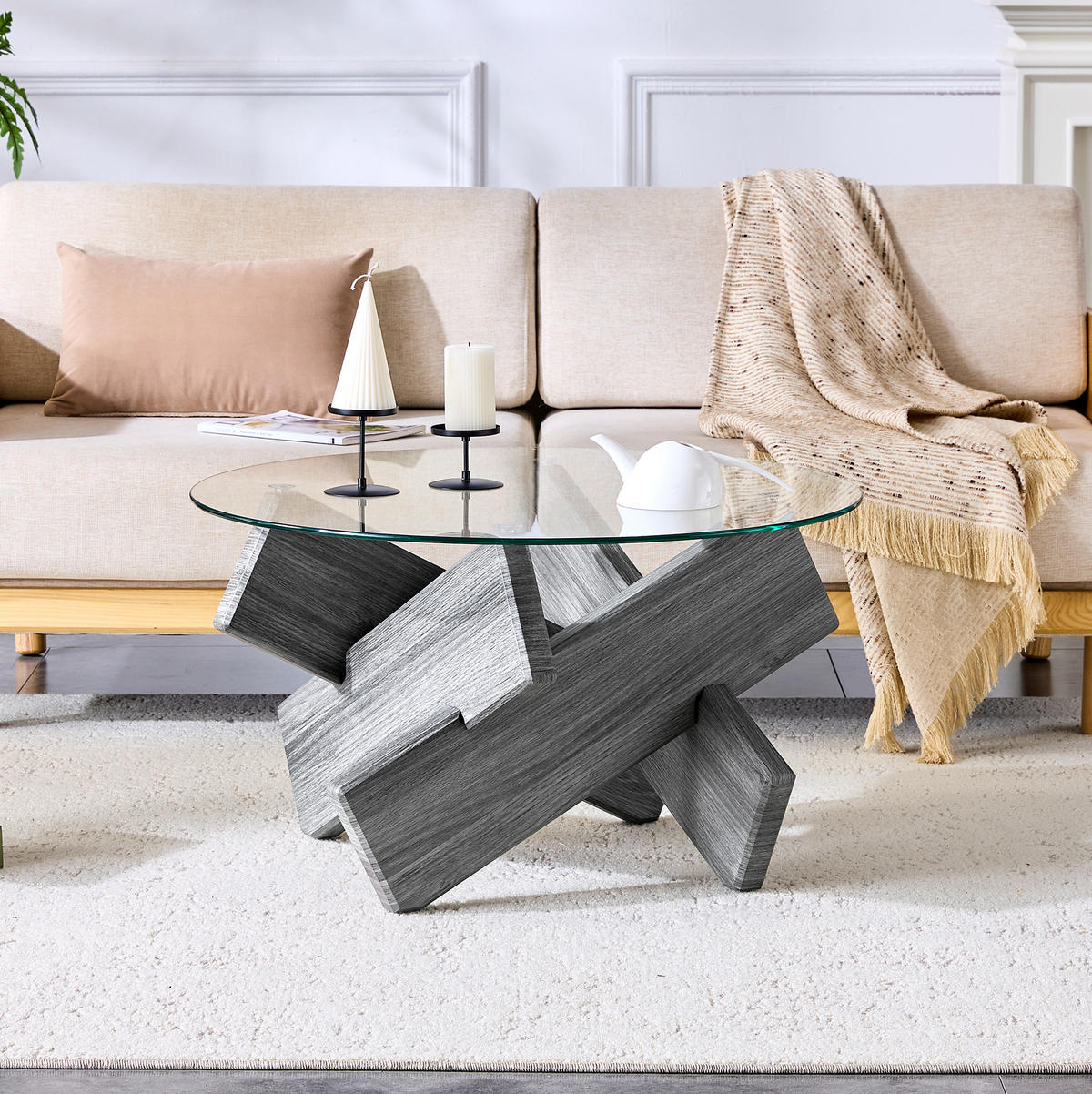 COUCHTISCH 79/45 cm Grau/Transparent aus MDF und Glas mit Kreuzgestell - Grau, Holzwerkstoff (79/79/45cm) - OKMYHOME