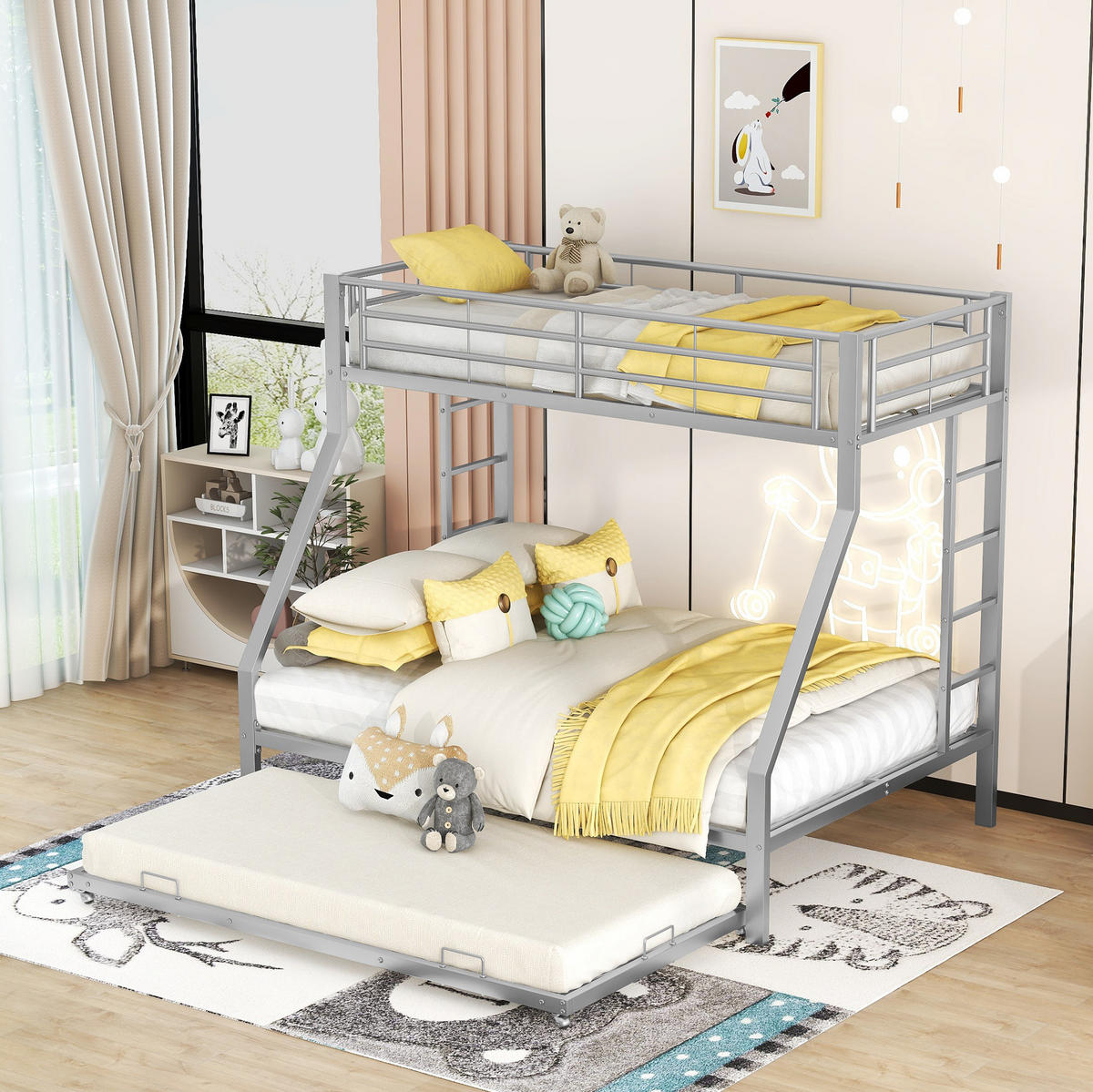 ETAGENBETT 90/190 cm aus Metall mit ausziehbarem Bett und Sicherheitsleitern - Silberfarben, Metall (90/190cm) - OKWISH