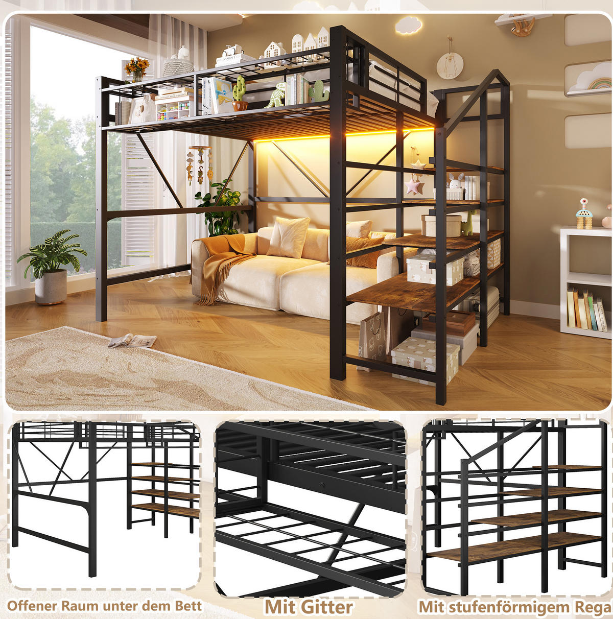 HOCHBETT 140/200 cm Schwarz aus Metall mit LED und Ablageregal ohne Matratze - Schwarz, Metall (140/200cm) - MIVRAY