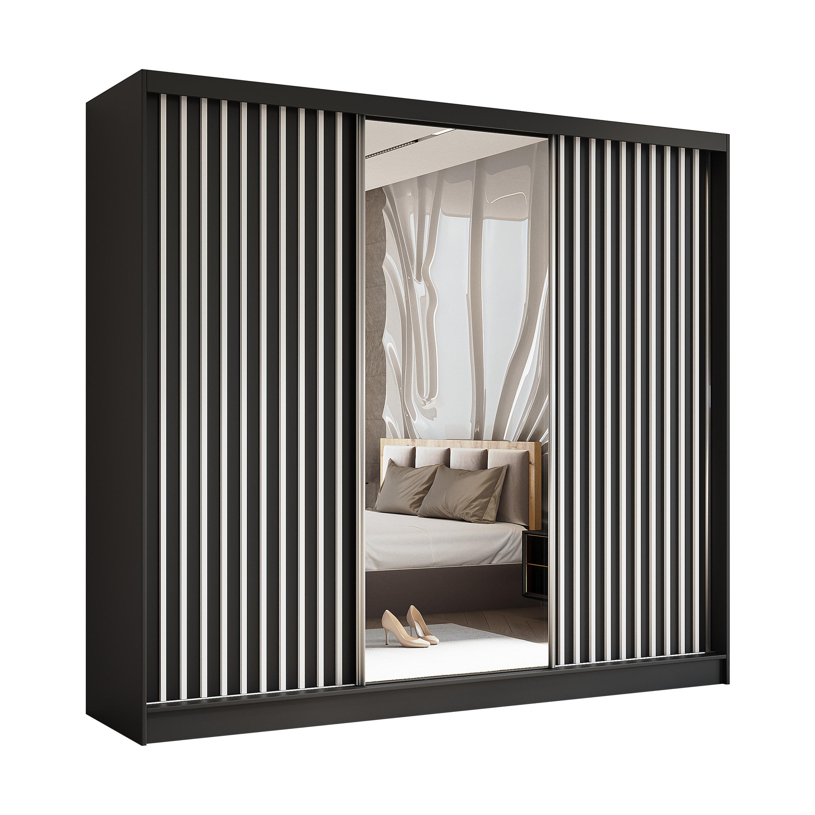 SCHWEBETÜRENSCHRANK LAMELLO 240/216/61 cm 3-türig mit Spiegel Schwarz - Schwarz, Holzwerkstoff (240/216/61cm) - MASSENO