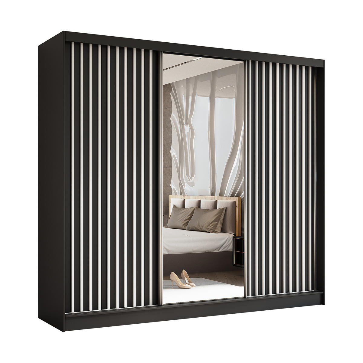 SCHWEBETÜRENSCHRANK LAMELLO 240/216/61 cm 3-türig mit Spiegel Schwarz - Schwarz, Holzwerkstoff (240/216/61cm) - MASSENO