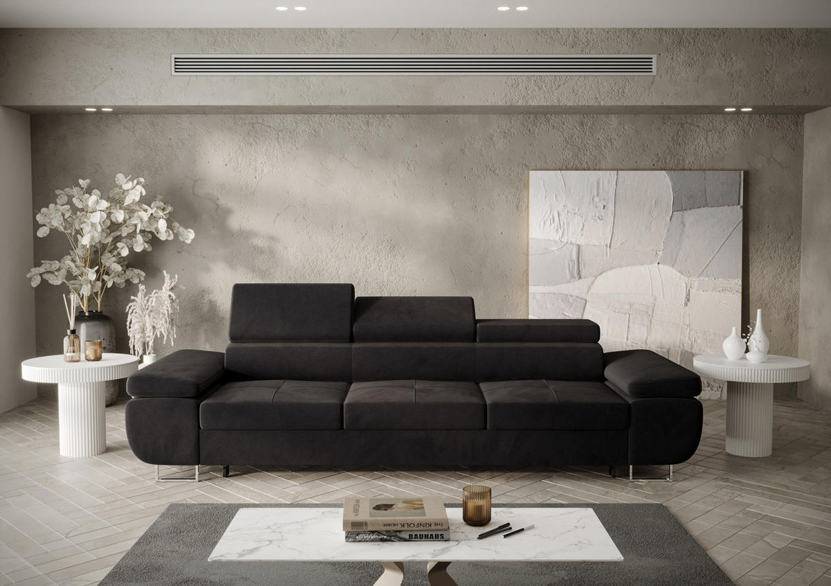 SCHLAFSOFA PRAGA 3, Sofa mit Schlaffunktion, Farbe: Dunkelgrau, Velourstoff - Dunkelgrau, Textil (276/90/100cm) - O-Sofa