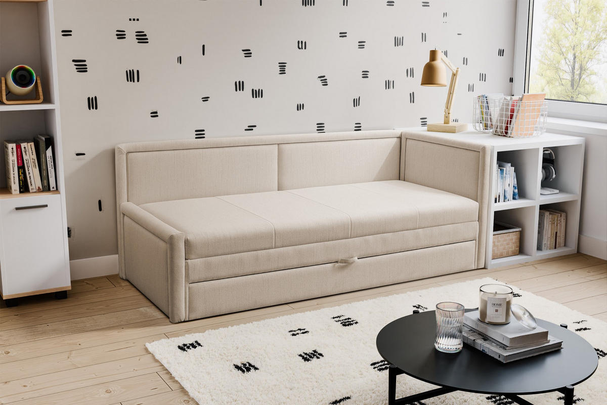 JUGENDBETT Caprili Hellbeige mit Bettkasten - Ecru/Schwarz, Kunststoff/Textil (163/189cm) - Selsey