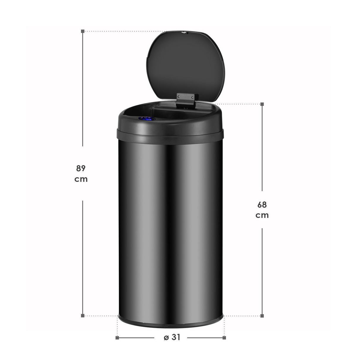 MÜLLEIMER rund 40L schwarz mit Sensor - Schwarz, Metall (31/68/31cm) - Juskys