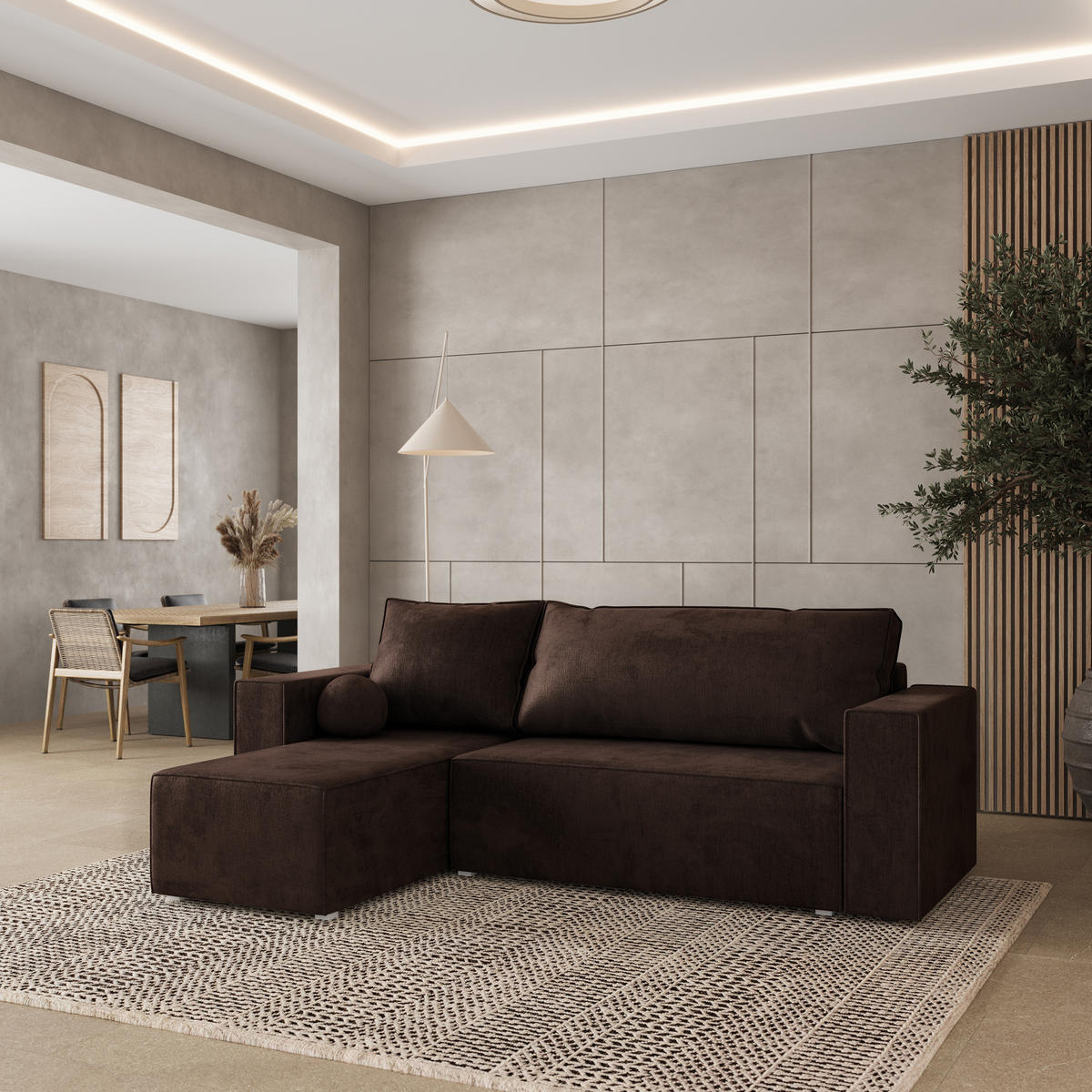 ROHOVÁ SEDAČKA RAVELO hnědá - šedá/hnědá, dřevo/textil (240/140cm) - MASSENO