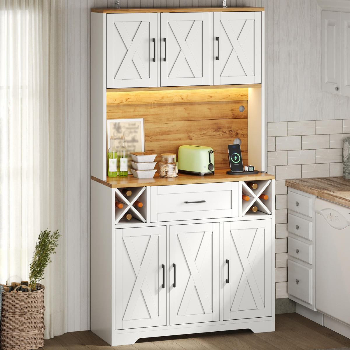BUFFET DE-38736 105/40/180 cm LED-Beleuchtung und Weinregal Weiß - Weiß, Holzwerkstoff (105/180/40cm) - ComfortXL