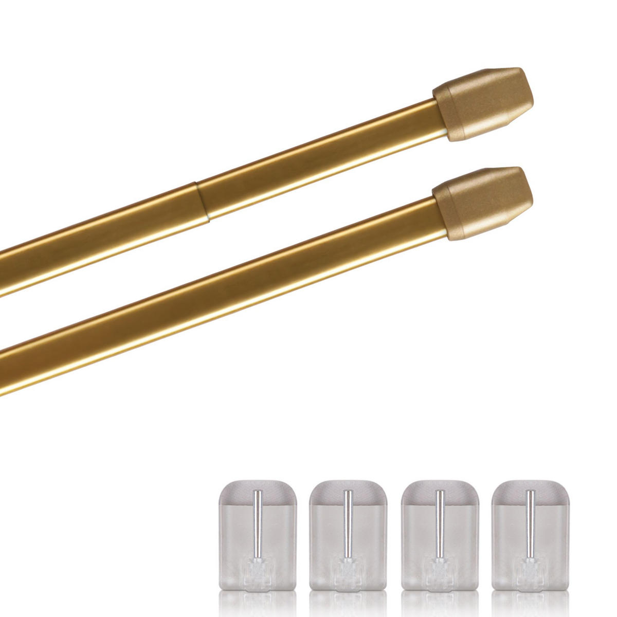 GARDINENSTANGE 2er-Pack Gold Messing glänzend 110-150 cm + 4 Selbstklebehaken - Goldfarben, Metall (1/100cm)