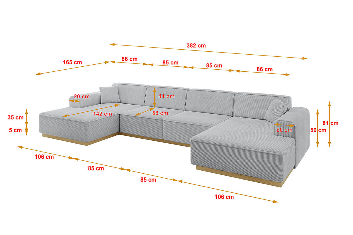 WOHNLANDSCHAFT IREA-U2-v2 - 382x165x81 cm Grau - Grau, Holzwerkstoff/Textil (382/81/165cm) - ALTDECOR