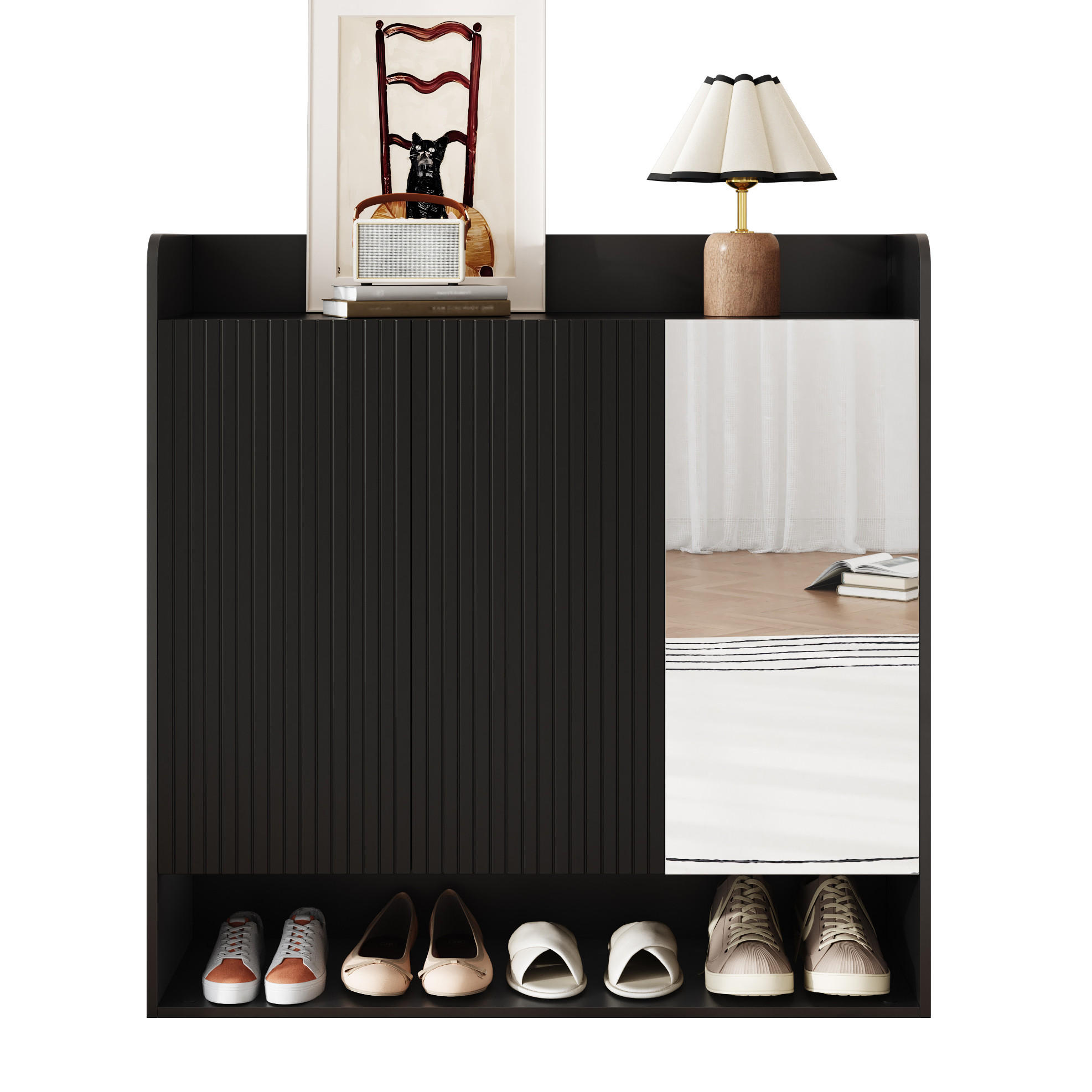 OKWISH BOTNÍK 110/35,5/110 cm černý z MDF a dřevotřísky se zrcadlem a policemi