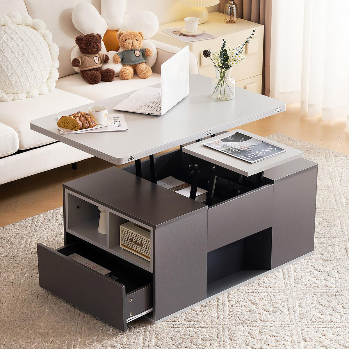 COUCHTISCH Hebbar 2-in-1 Dunkelgrau Hellgrau Stauraum Groß - Grau, Holzwerkstoff (100/50/51cm)