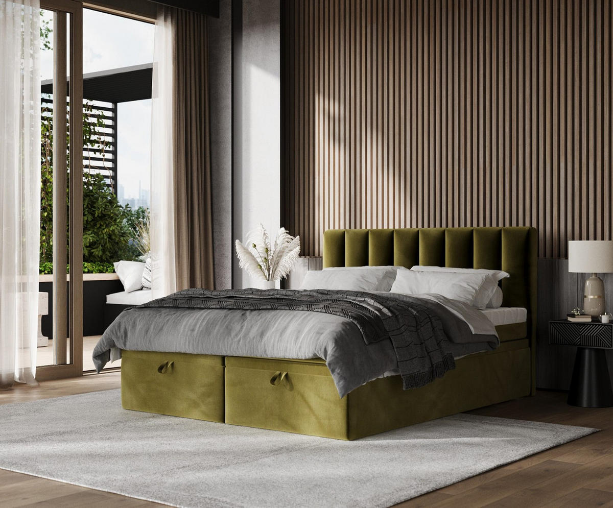 BOXBETT Lume 200/200 cm Olivgrün im Kronos Stoff - Schwarz/Olivgrün, Holz/Holzwerkstoff (200/200cm) - AltaBeds