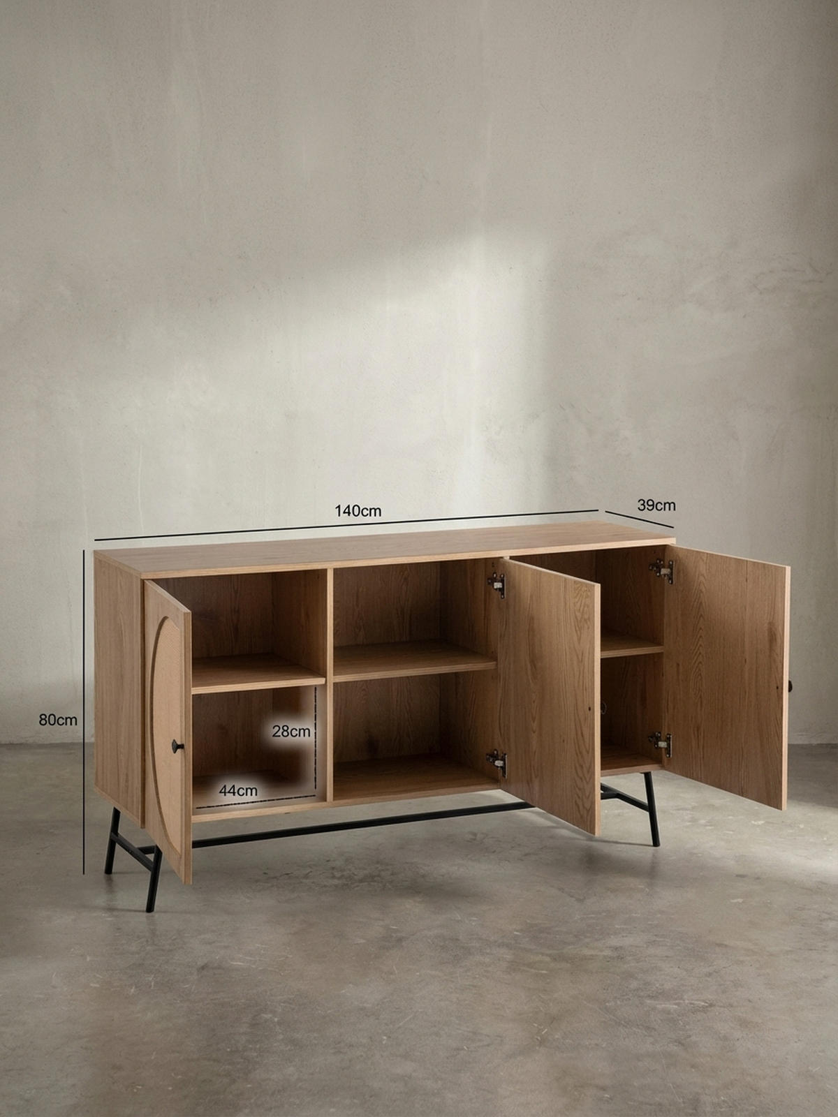 SIDEBOARD – Eiche-Dekor/Rattan, 140x80x39 cm, 3 Türen, hoch - Schwarz/Braun, Holzwerkstoff/Metall (140/80/39cm) - KADIMA DESIGN