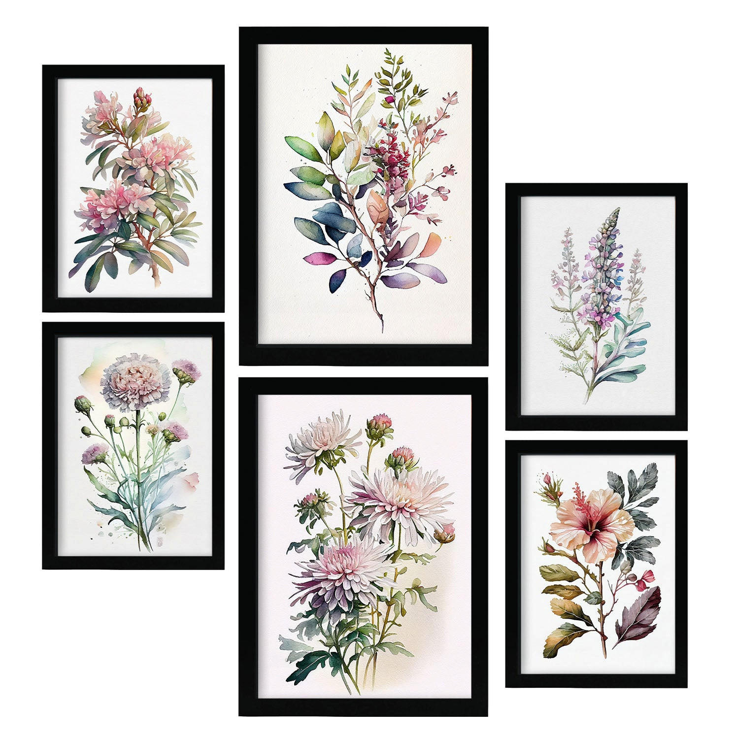 POSTER Set Mit 6 Landblumen Vollfarbige Natur Und Botanikdrucke Mit Blumenmotiven Auf Reinweißen Hintergründen A3 & A4 Schwarzer Rahmen - Schwarz, Papier (29/3cm) - Nacnic