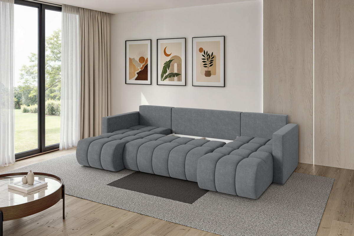 SEDACÍ SOUPRAVA DO U s funkcí spaní a úložným prostorem GARD-U 300x146x85 šedá velur - černá/šedohnědá, kompozitní dřevo/textil (300/85/146cm) - ALTDECOR
