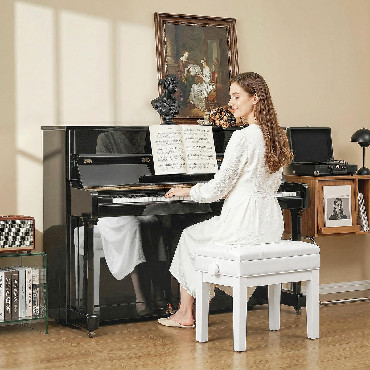 HOCKER DE-16462 höhenverstellbar mit integriertem Fach Weiß - Weiß, Leder (35/56/63cm) - ComfortXL