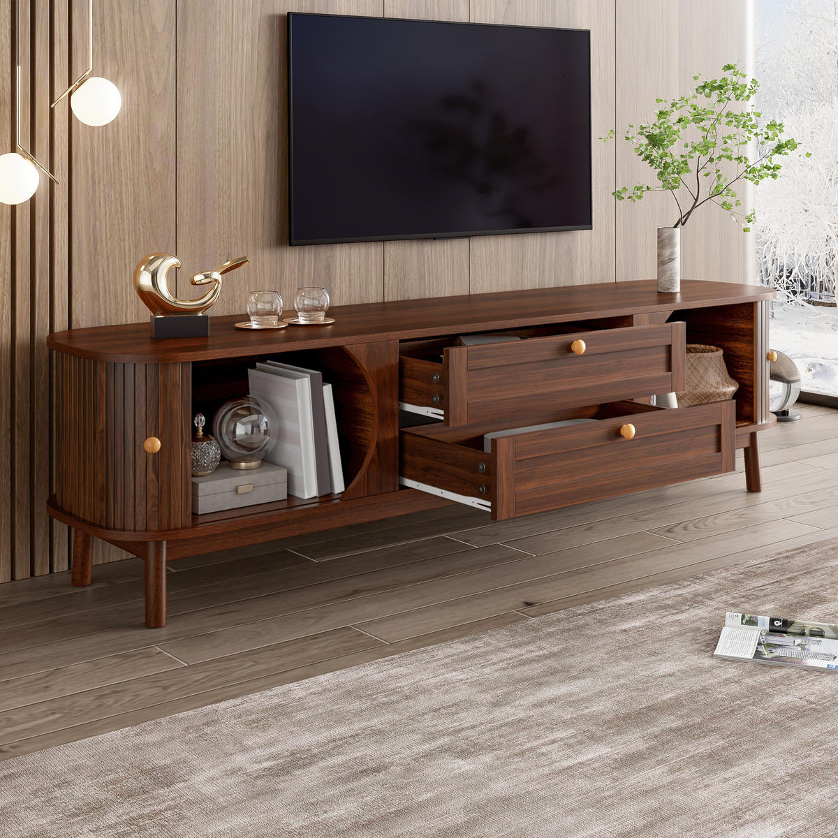 TV-SCHRANK Holzoptik Schubladen Stauraum modern - Walnussfarben, Holzwerkstoff (39.5/46/170cm) - FLIEKS