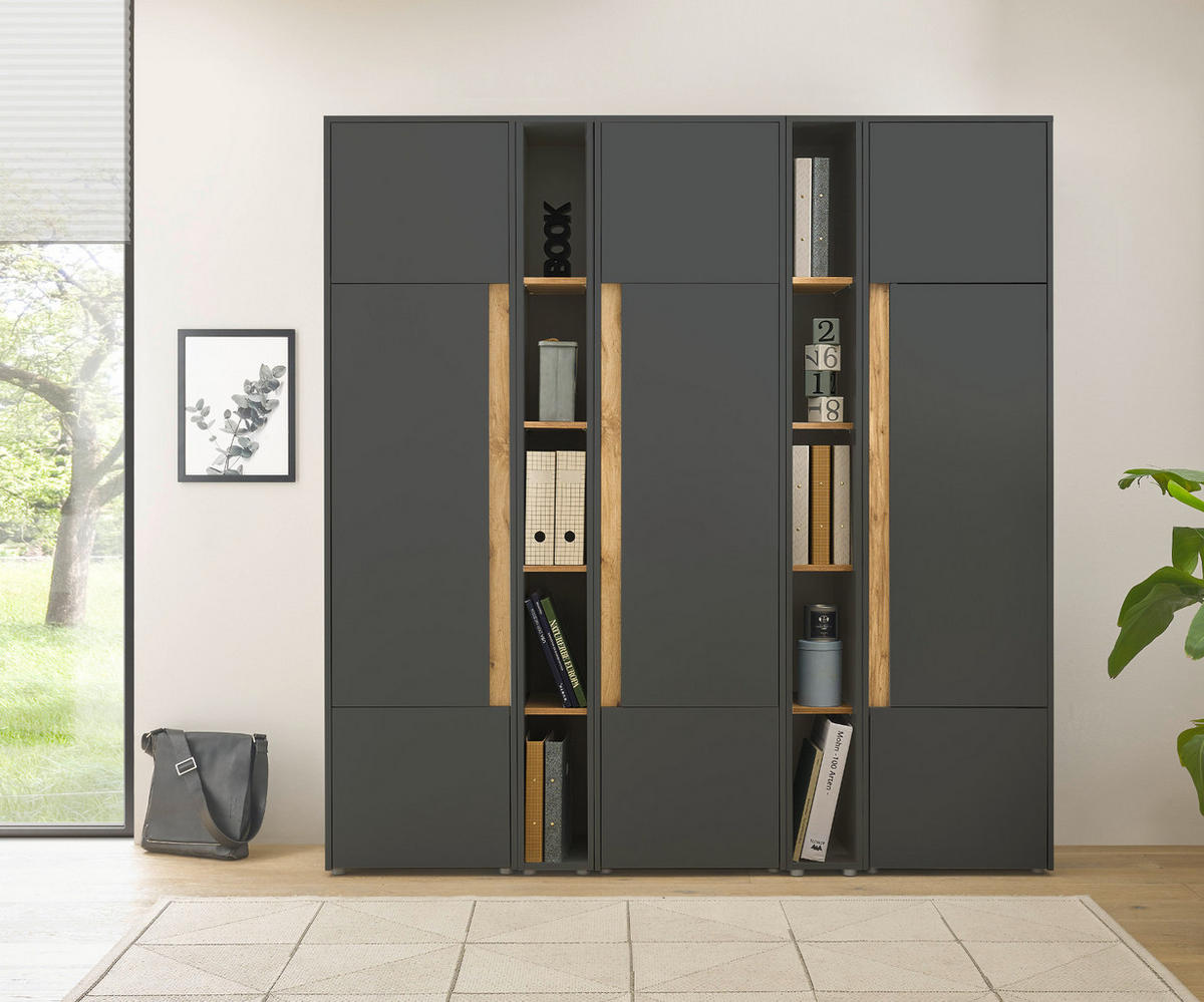AKTENSCHRANK Set 5-teilig grau matt, Eiche Wotan 190 x 200 cm, Schrank-Regal-Kombination mit 25 Fächern - Eiche Wotan/Schwarz, Holzwerkstoff/Kunststoff (190/200/40cm) - Furn.Design