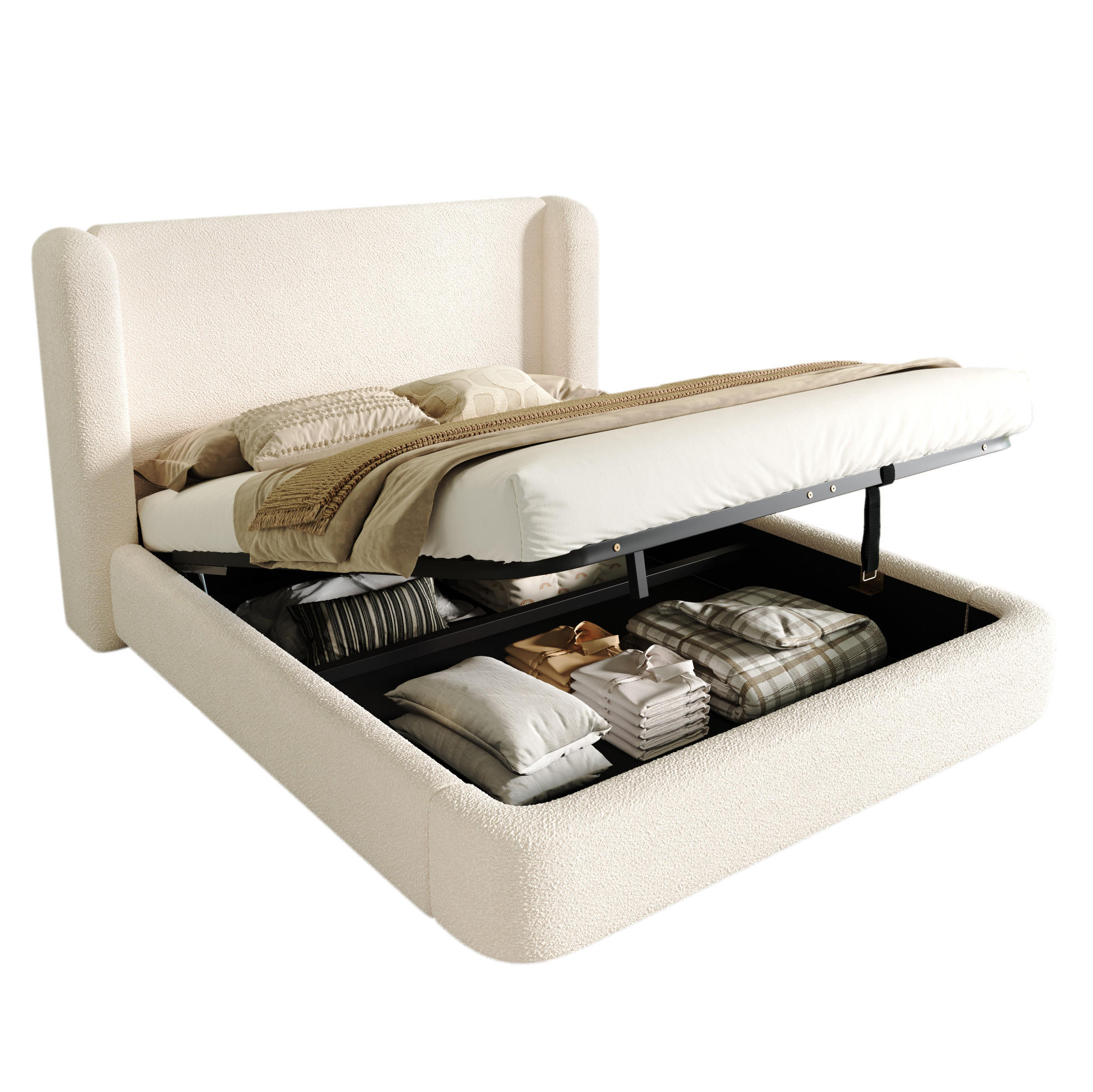 POLSTERBETT 160/200 cm mit hydraulischem Bettkasten, Lattenrost und abnehmbarem Bouclé-Kopfteil, Beige - Beige, Textil (160/200cm) - Redom