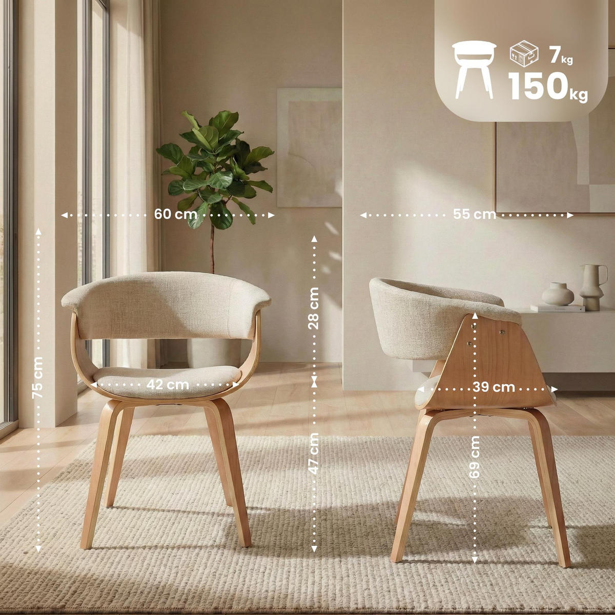 ARMLEHNENSTUHL 2er Set Stoff Natura/Creme - Eukalyptusholzfarben/Creme, Holz/Textil (60/75/55cm) - CLP