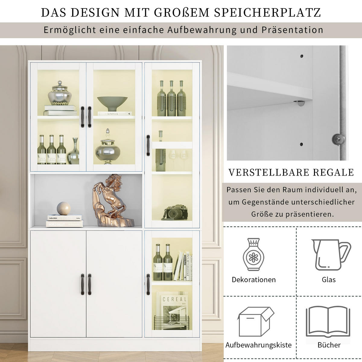 KÜCHENSCHRANK 120/200/40 cm, MDF und Glas, Weiß, MIT LED-BELEUCHTUNG, für Wohnzimmer und Esszimmer - Weiß, Holzwerkstoff (40/200/120cm) - Rolipo