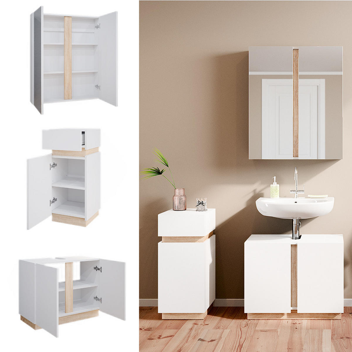 BADMÖBEL-SET Gloria Weiß 3 Teile, mit Midischrank - Weiß/Sonoma Eiche, Holzwerkstoff (70/55/34cm) - Vicco