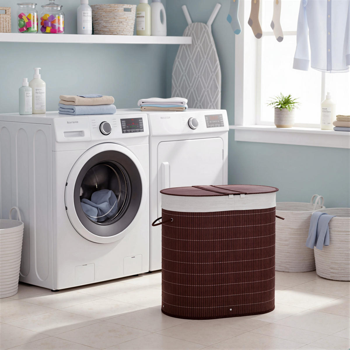 WÄSCHEKORB, Bambus, Polyester, Braun - Braun, Naturmaterialen (37/60.5/62.5cm) - HOMCOM