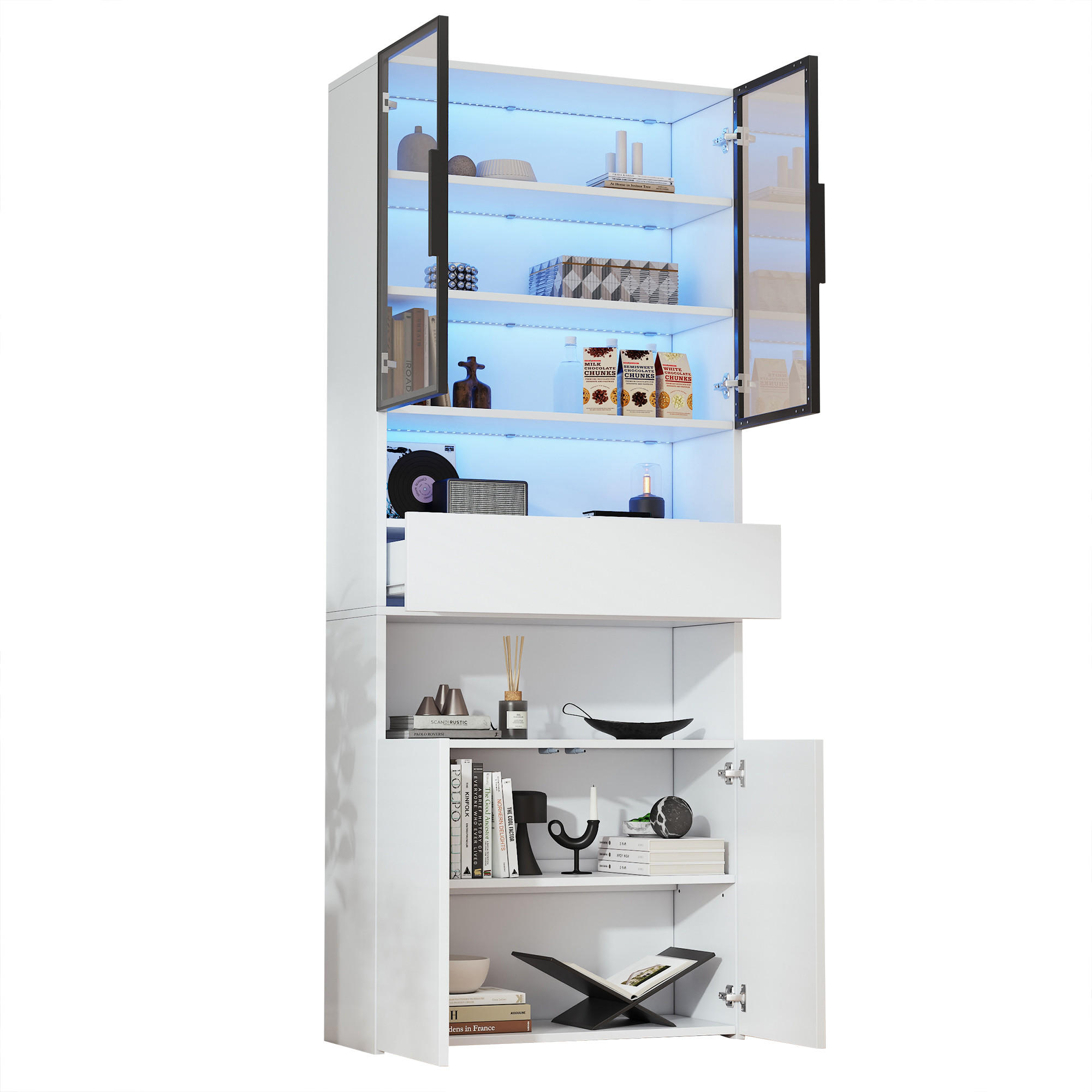 VITRINE mit LED 70x30x200 cm Weiß mit Glastüren und Schublade - Weiß, Holzwerkstoff (30/200/70cm) - Beauniv
