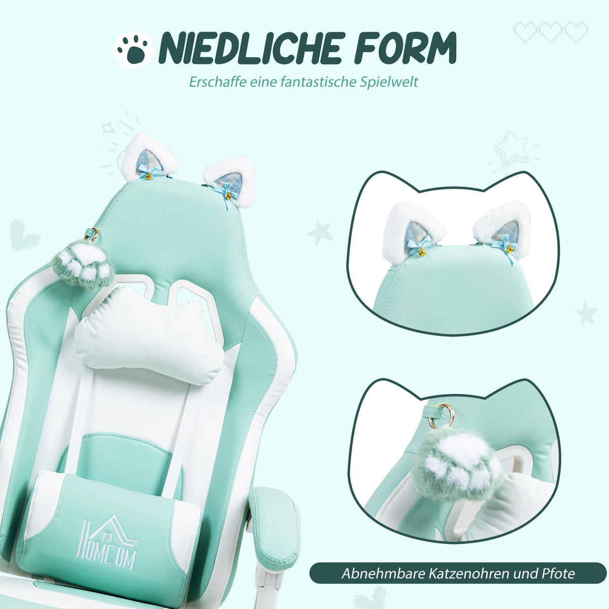 GAMING-SESSEL mit Katzenohren, neigbare Lehne, ausziehbare Fußstütze, bis 120 kg belastbar, Tiffanyblau - Hellblau, Leder (62/124/65cm)