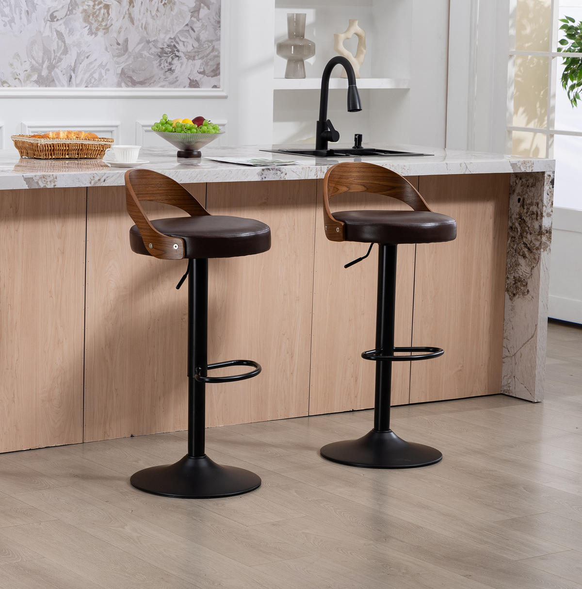 BARHOCKER 2er-Set mit Rückenlehne, 360° drehbar und höhenverstellbar, Braun - Braun, Metall (42/77/42.5cm) - MIVRAY