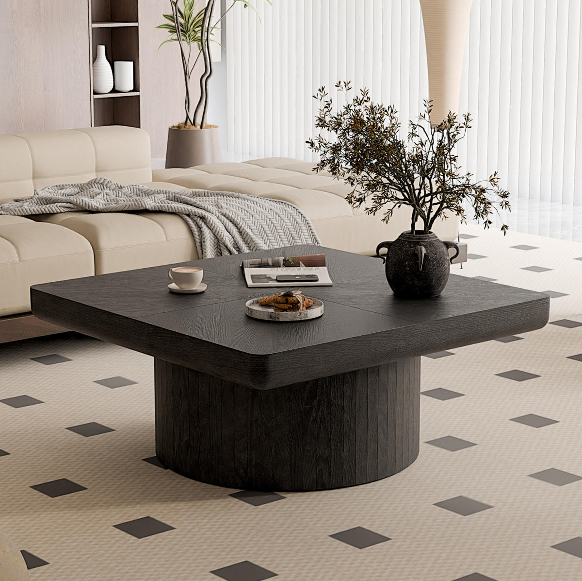 COUCHTISCH aus Massivholz 78x78x38 cm und MDF Schwarz mit Parkettoptik und zylindrischem Sockel - Schwarz, Holz (78/78/38cm) - IVMEU