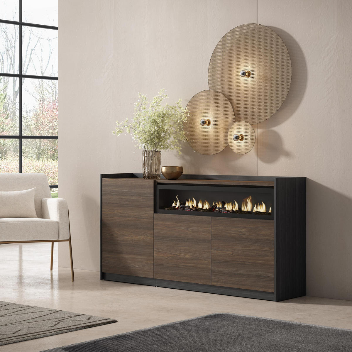 SIDEBOARD, Dunkler Eiche und Schwarz, Elektrokamin, 156/37/80cm - Dunkelbraun, Holzwerkstoff (156/80/37cm) - Skraut Home