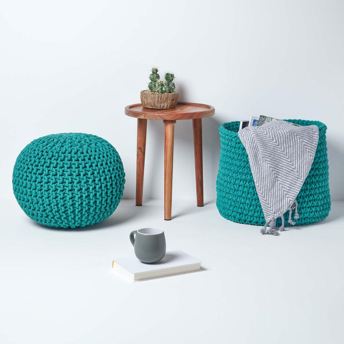 STRICK-POUF petrol-grün, 40/40/35 cm - Grün, Textil (40/35/40cm) - Homescapes