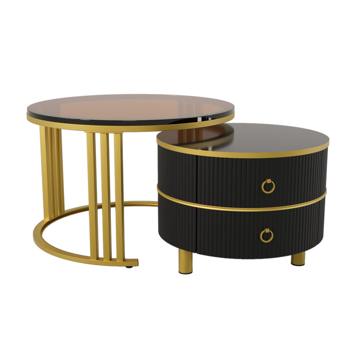 COUCHTISCH-SET 70/70/45 + 50/50/40 cm mit 2 Schubladen, Glas und Hochglanz - Schwarz, Holzwerkstoff (70/70/45cm) - Flora Grace