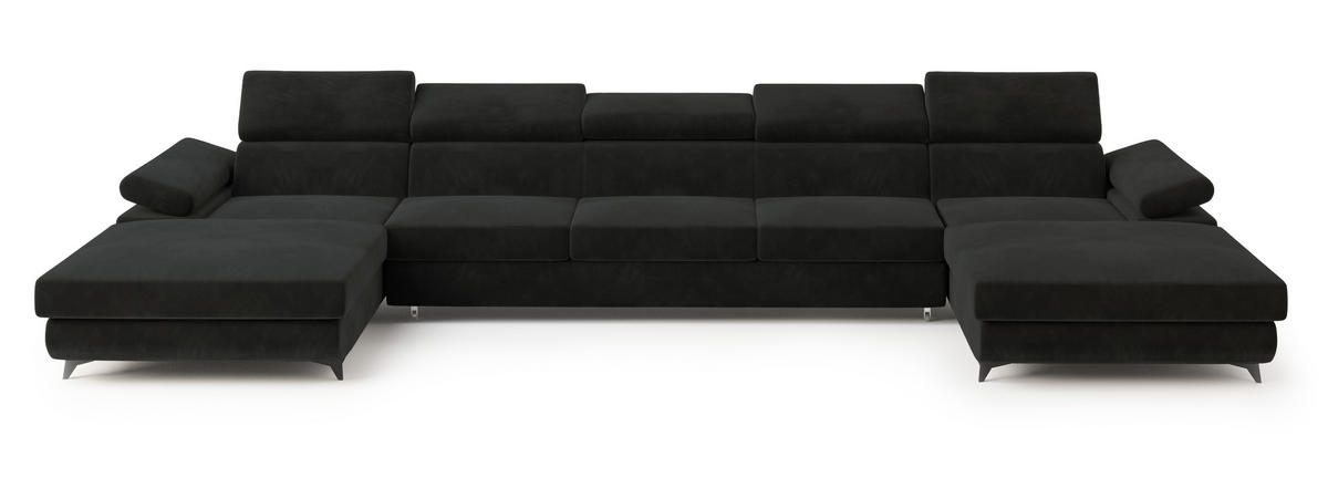 WOHNLANDSCHAFT VIVENTE Schwarz Velours-Stoff mit Schlaffunktion - Schwarz, Holz (410/89/190cm) - MASSENO