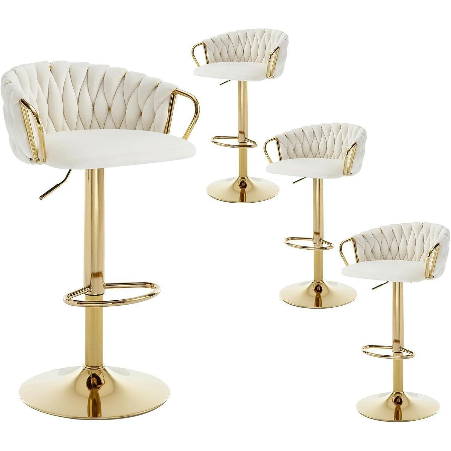 BARHOCKER 4er Set höhenverstellbar drehbar mit geflochtener Rückenlehne Weiß Cream - Weiß, Textil (42/100/39cm)