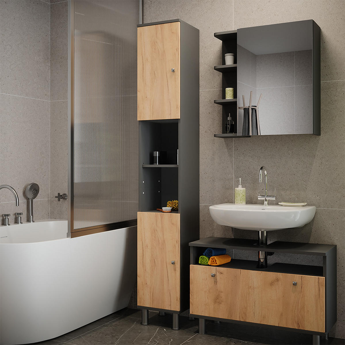 HOCHSCHRANK Fynn Anthrazit/Goldkraft Eiche 30 x 190 cm - Honigeiche/Anthrazit, Holzwerkstoff (30/190/30cm) - Vicco