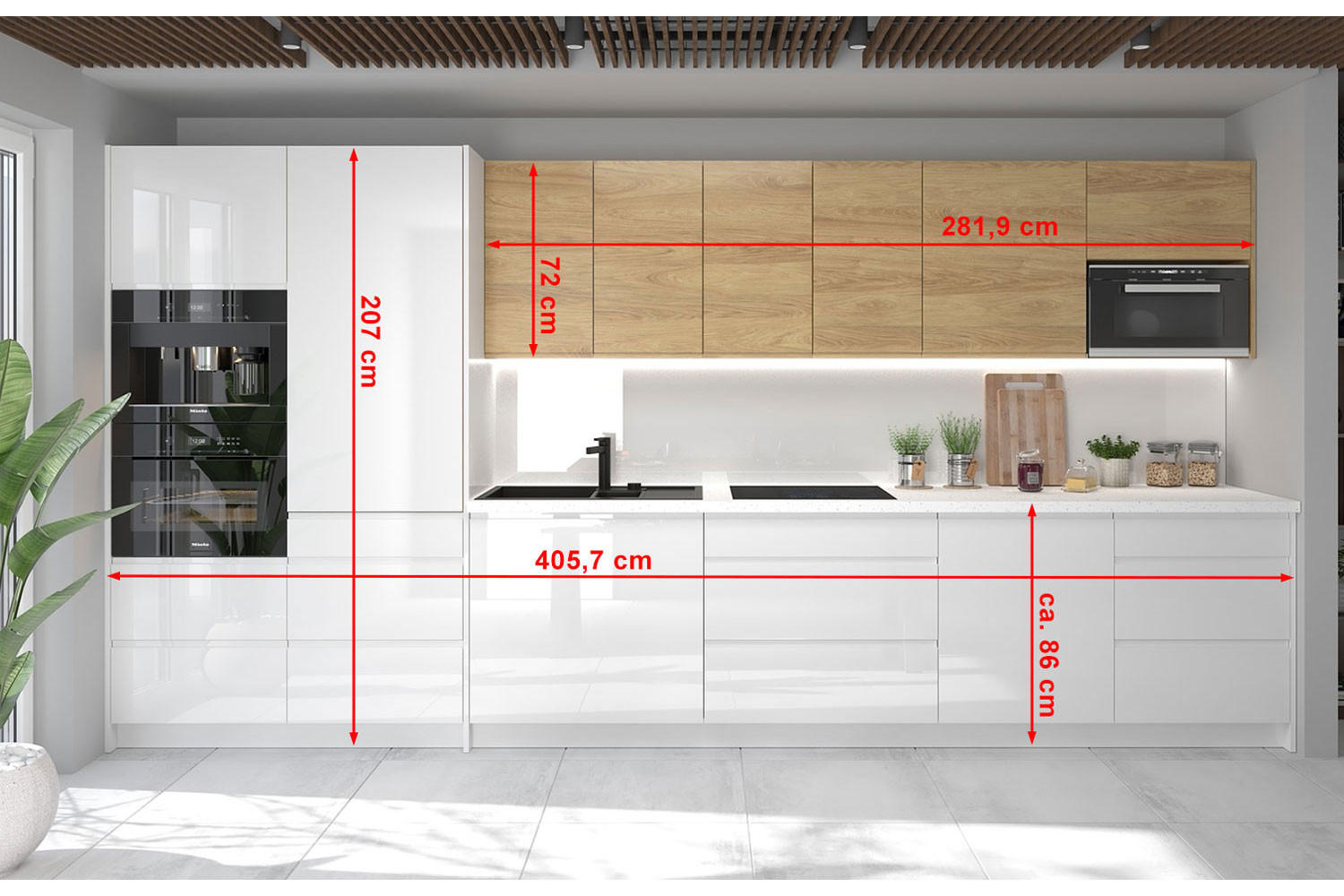 KÜCHENZEILE 10-teilig Avellino 406 / 59 / 207cm - Weiß/Braun, Holzwerkstoff (406/207/59cm) - Feldmann-Wohnen