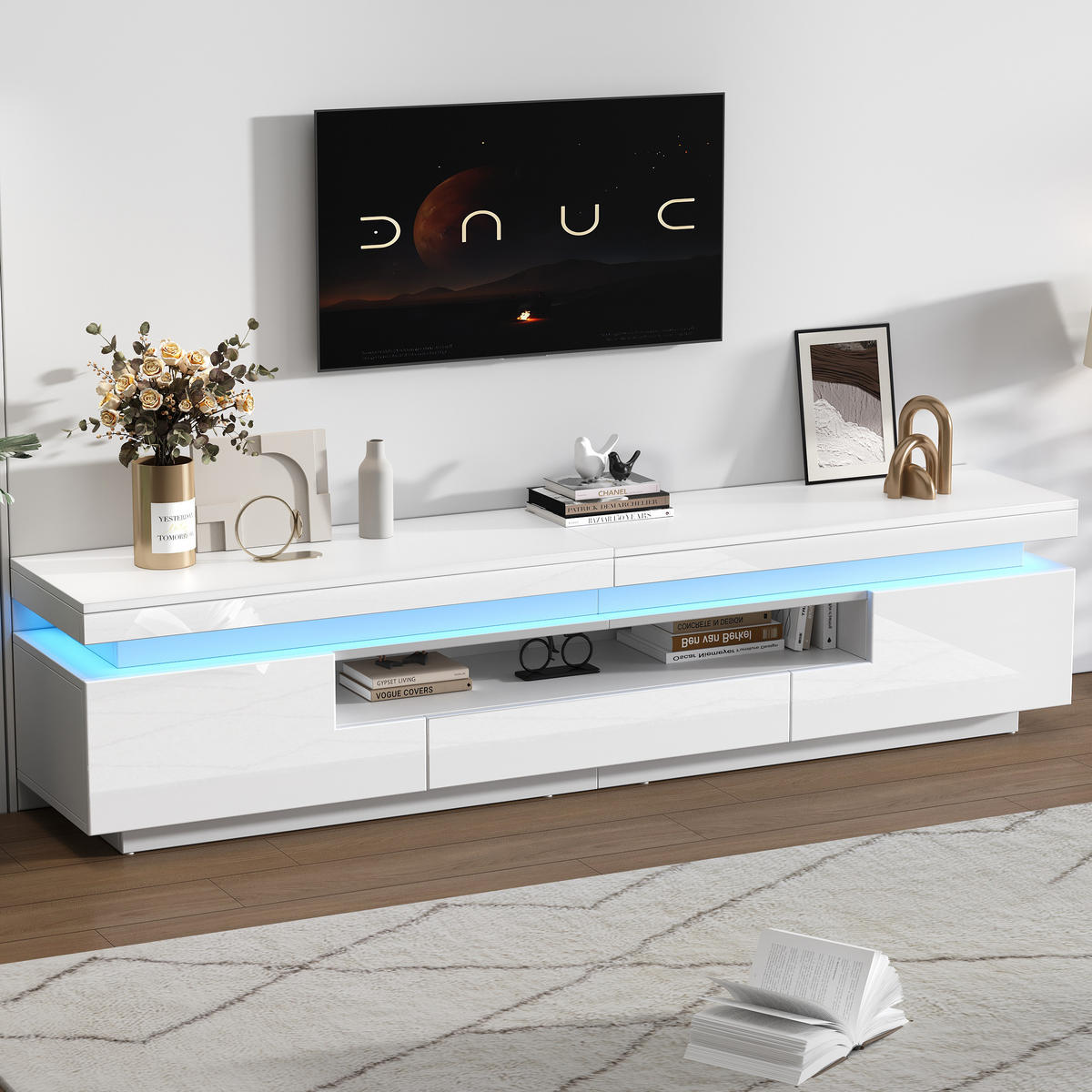 TV-ELEMENT in Weiß TV-Ständer mit LED, L-förmigen Schränken und Schublade für Fernseher um die 75 Zoll, B175/T38/H45cm - Weiß, Holzwerkstoff/Metall (175/45/38cm) - STILVORA