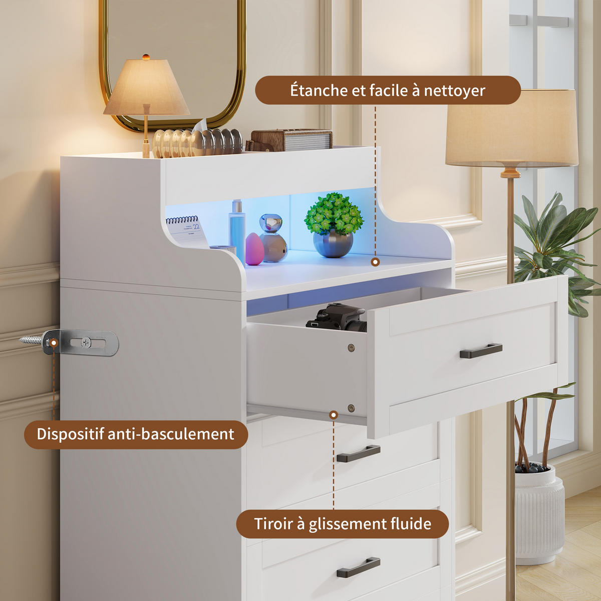 KOMMODE 4 Schubladen mit LED-Beleuchtung, skandinavisch, weiß - Weiß, Holz (73/114/39cm)