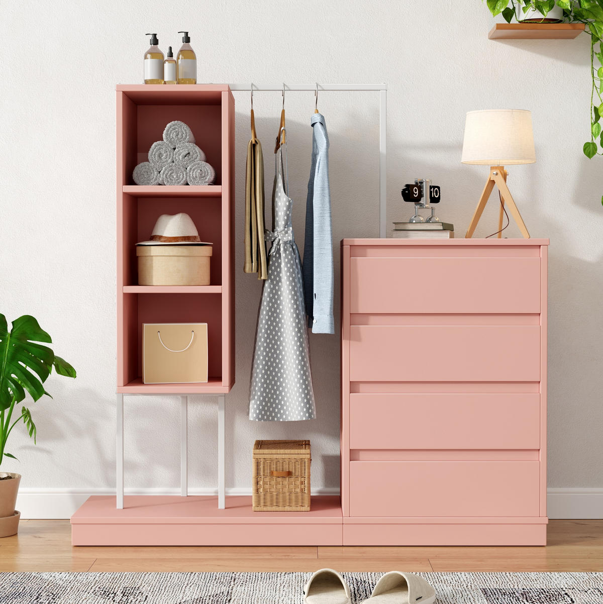 KLEIDERSCHRANK aus Spanplatte 40x100x135 cm Weiß/Rosa mit 4 Schubladen, 3 offenen Fächern und Kleiderstange - Pink, Holzwerkstoff (140/135/40cm) - Modfu