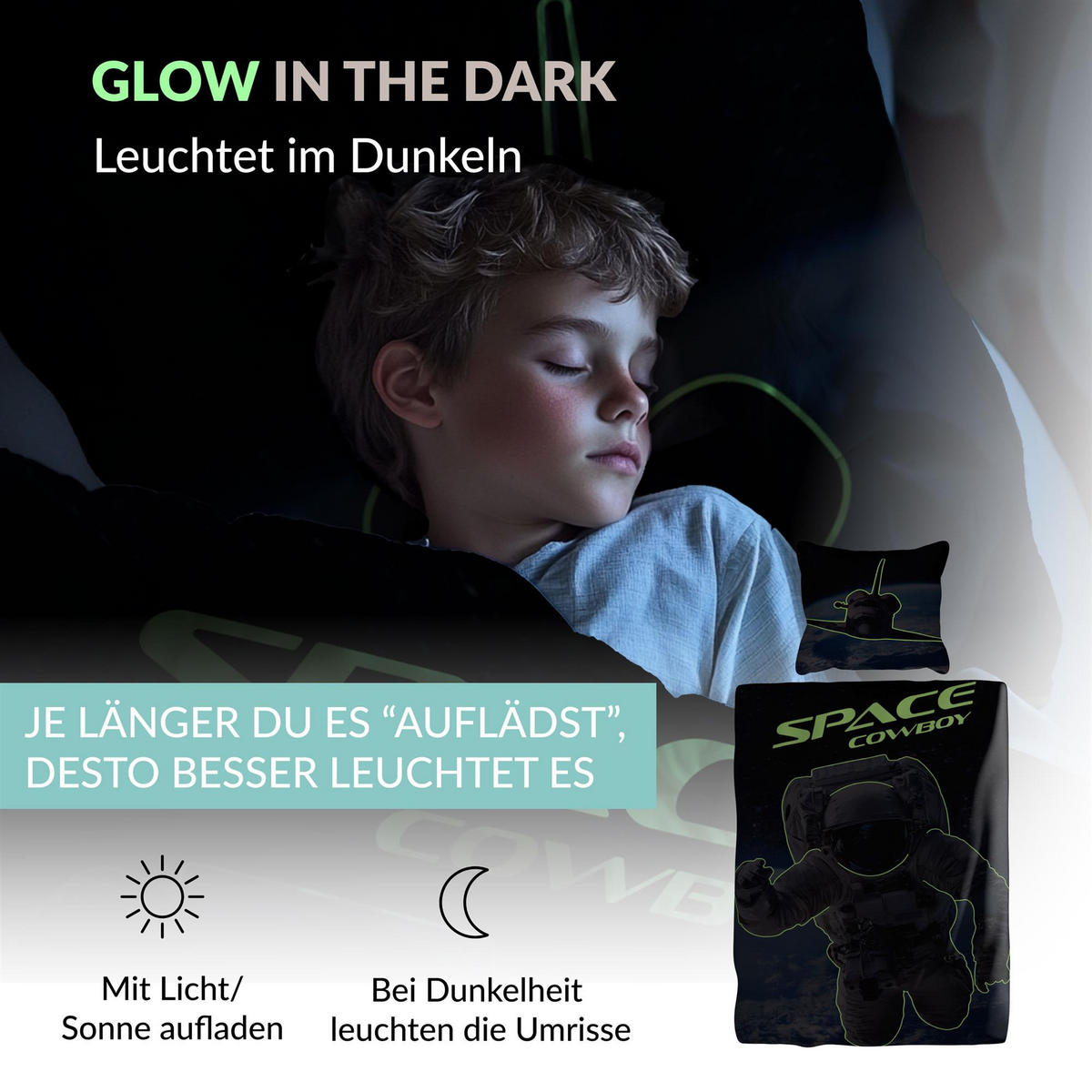 KINDERBETTWÄSCHE 135x200 cm Astronaut Weltall aus 100% Baumwolle - Leuchtet um Dunkeln - Blau, Textil (135/200cm) - Carpe Sonno