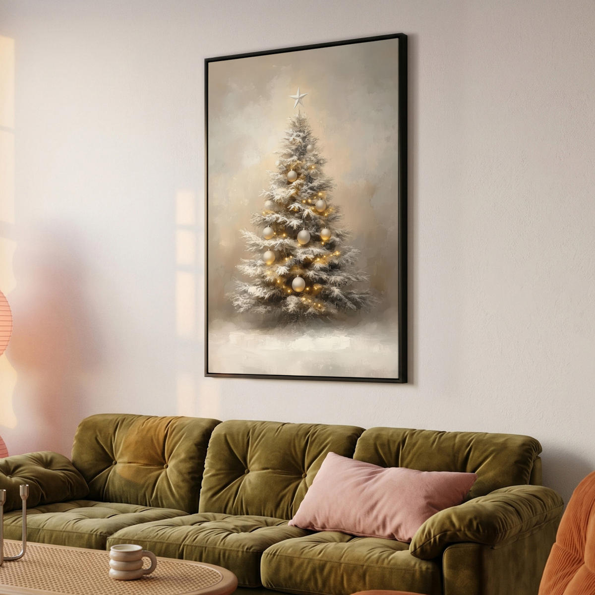 LEINWAND Bilder mit Rahmen - Weihnachten - Weihnachtsbaum - Schnee - Kunst - 80x120 - Champagner, Textil (80/120cm) - MuchoWow