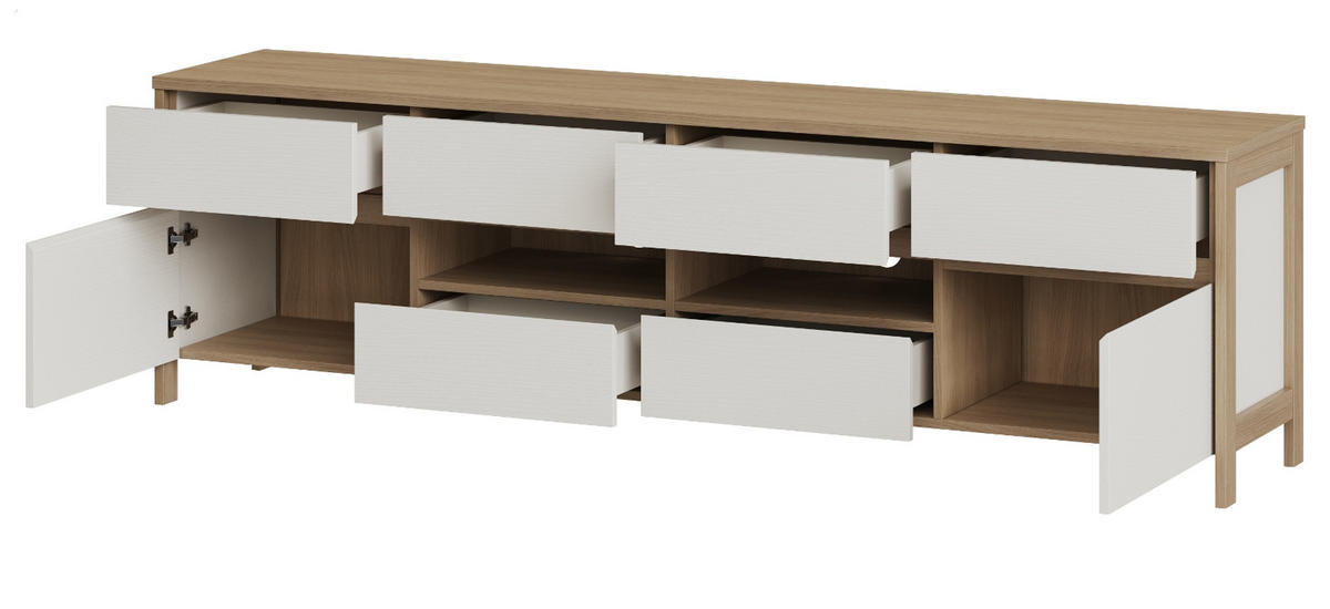 TV-LOWBOARD weiß, Eiche, TV Unterteil skandinavisch 193 cm, Soft-Close, Finnes - Eichefarben/Weiß, Holzwerkstoff/Metall (193/58/39cm) - Furn.Design