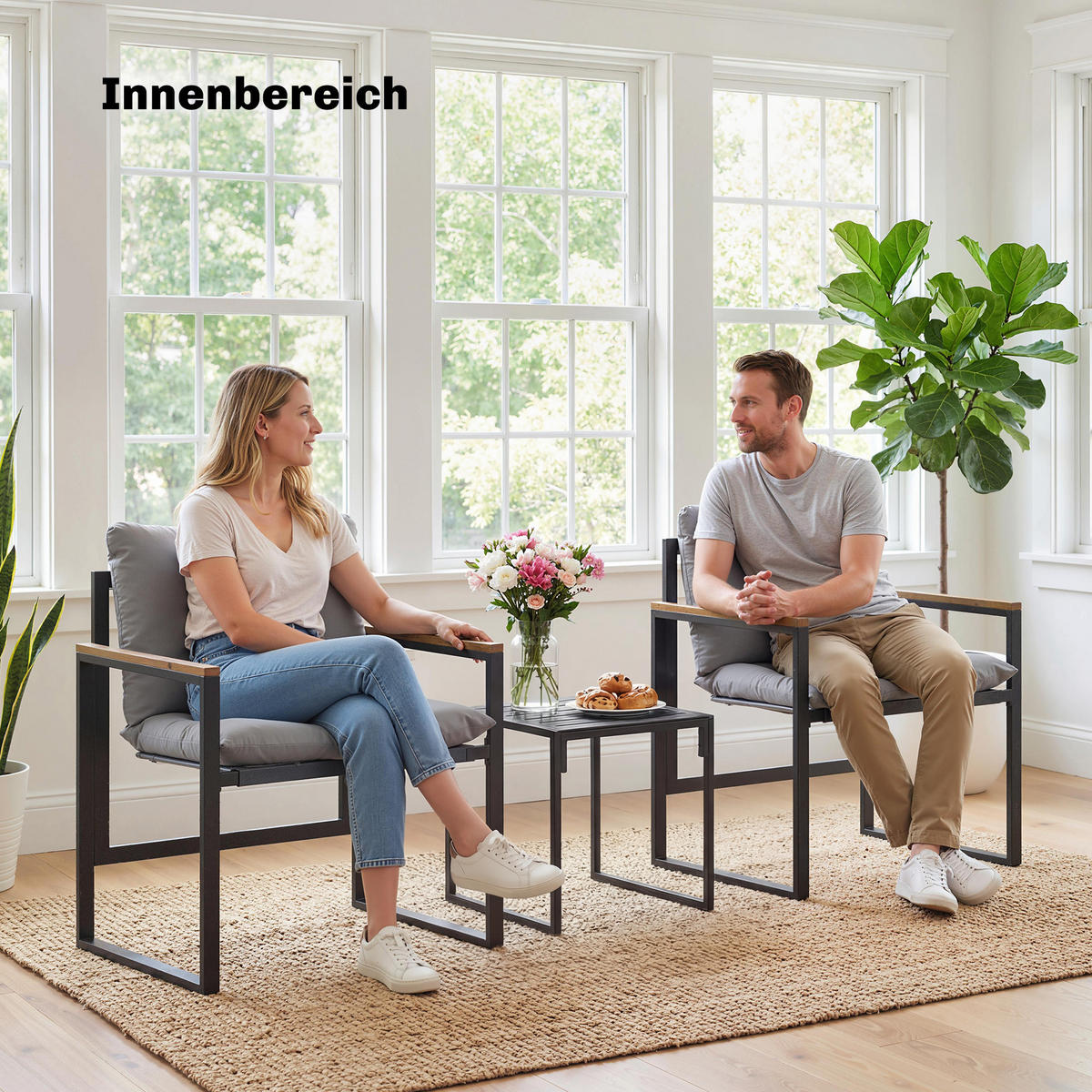 BISTRO-SET DE-07325 mit Polstern und Metallrahmen Schwarz/Holzoptik - Grau, Metall - ComfortXL