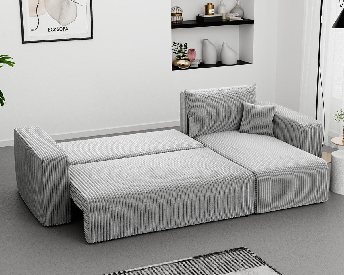 ECKSOFA Grau Cord-Stoff mit Bettkasten - Hellgrau, Textil (248/145cm) - Idohome