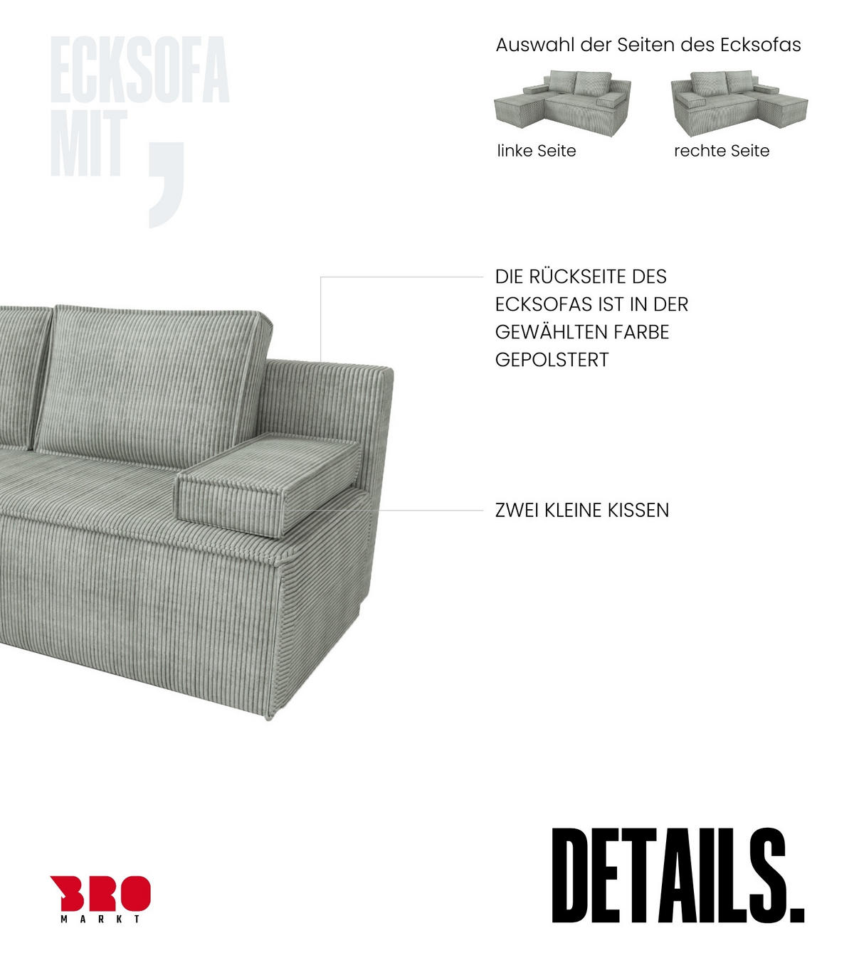 ECKSOFA Caspar mit Schlaffunktion Grau Cord - Hellgrau, Textil (200/141cm) - Bromarkt