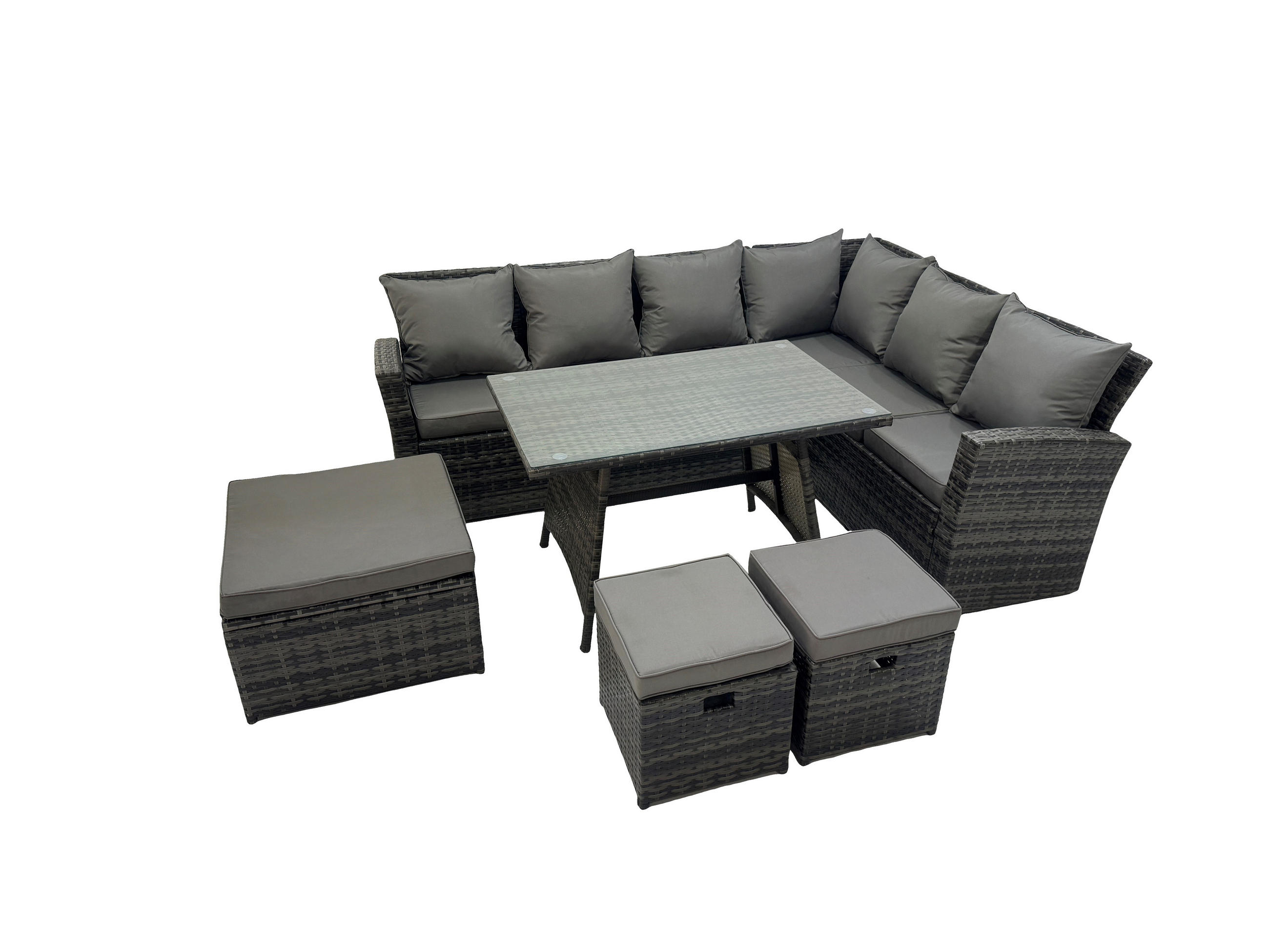 GARTENMÖBEL SET PE Polyrattan 8-Sitzer - Dunkelgrau/Grau, Glas/Kunststoff - Fimous