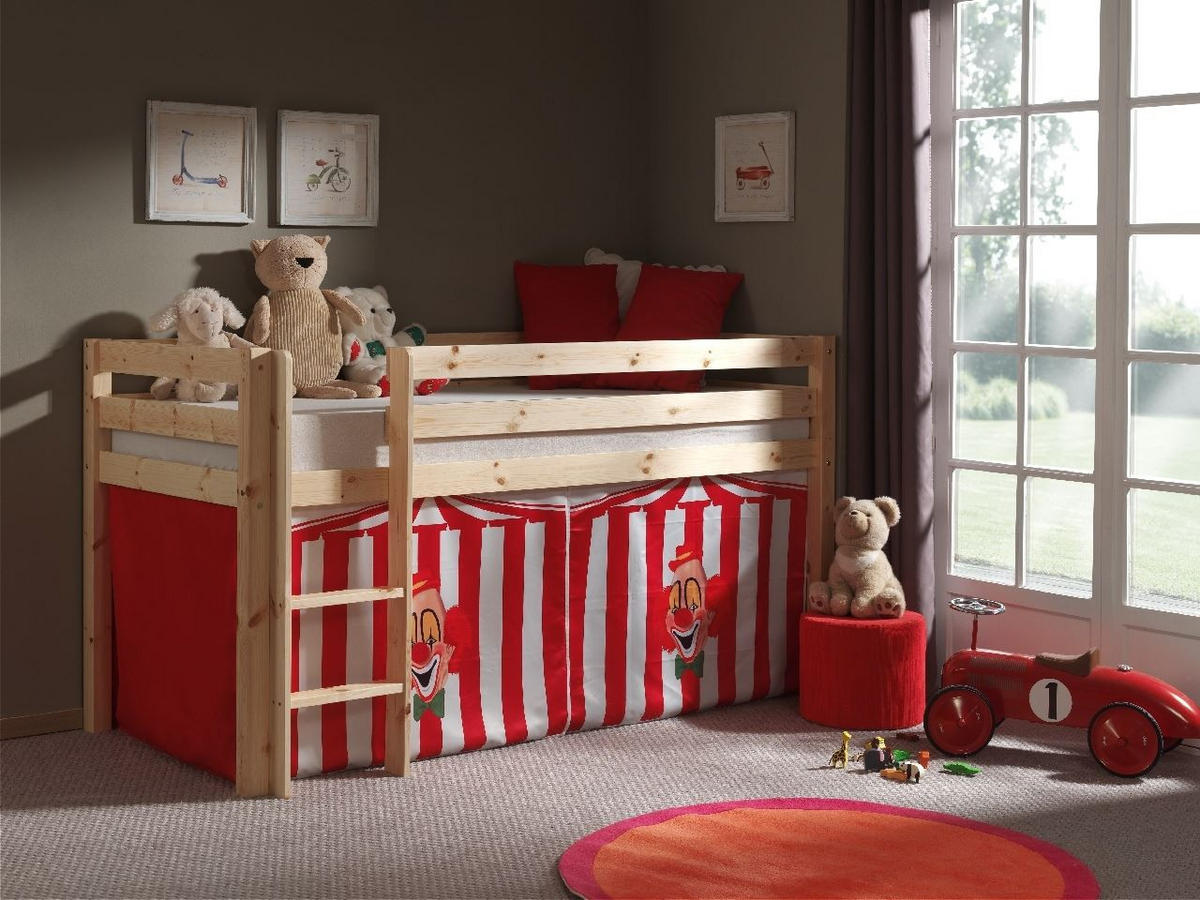 KINDERBETT Karolina 210x114x106 Massivholz Natur Textilset Zirkus - Rot/Kieferfarben, Holz (90/200cm) - 58aufmkessel