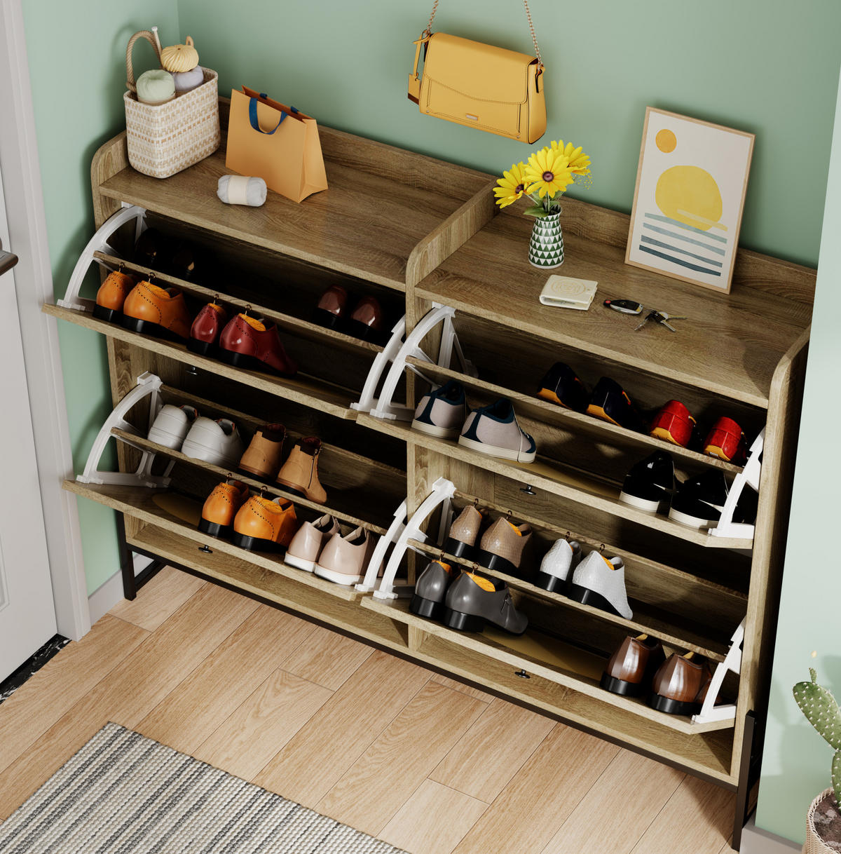 SCHUHSCHRANK 121(118)/25/91,5 cm mit Belüftung und 4 Klappen aus Spanplatte und PE-Rattan, Holzfarbe - Naturfarben, Holzwerkstoff (118/91.5/25cm) - Redom