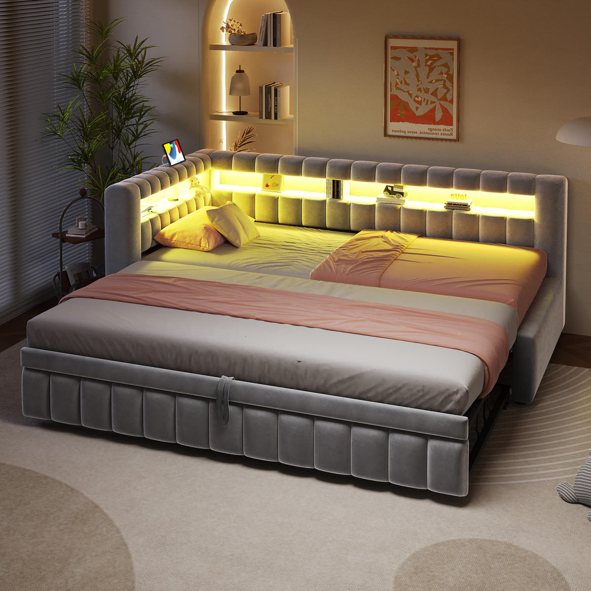 POLSTERBETT 90x200 Hellgrau Samt LED USB - Hellgrau, Textil (90/200cm) - FLIEKS